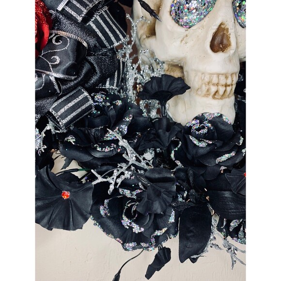 Lighted Jeweled and Sparkle Red Rose Gothic Skull Black Wreath 22 inches - Picture 12 of 12